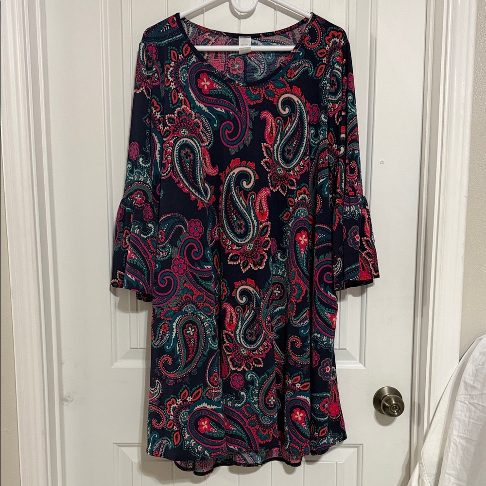 Paisley-Print Navy Long-Sleeve Shift Dress with Pink & Teal Accents